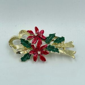 Christmas Holly Gold Ribbon Brooch Pin Signed Gerrys
